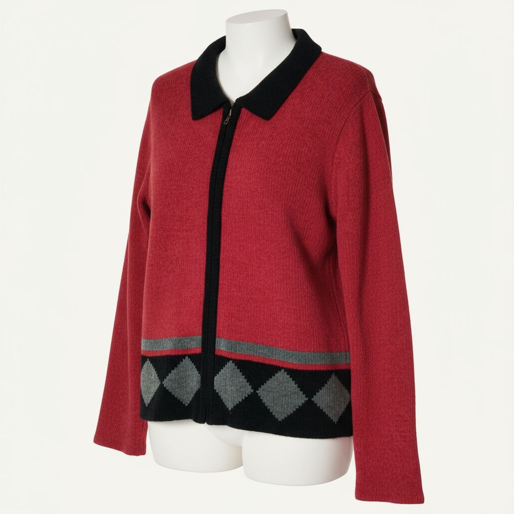 Sag Harbor Zip Up Knit Sweater Red Black Women's Size Medium